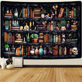 Uspring Bookshelf Tapestry Goth Tapestries Witchy Cat Tapestry Wall Hanging Magical Book Tapestry Large Trippy Tapestry for Bedroom Livingroom Study Room（51.2 x 59.1 inches）