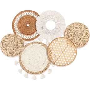 Nuenen Set of 6 Boho Wall Decor Macrame Wall Hanging Basket Round Woven Wicker Rattan Wall Art for House Bedroom Kitchen Classroom Office Decoration(Classic Style)