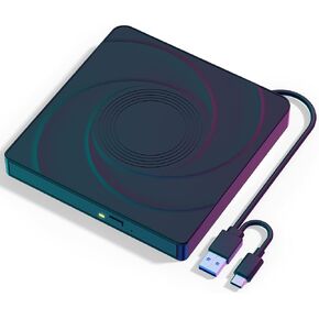 External CD/DVD Drive for Laptop, USB 3.0 & Type-C CD Burner DVD Player, Portable CD DVD +/-RW Drive - Plug and Play, Compatible with Windows 10&11 Linux MacBook PC (Black)