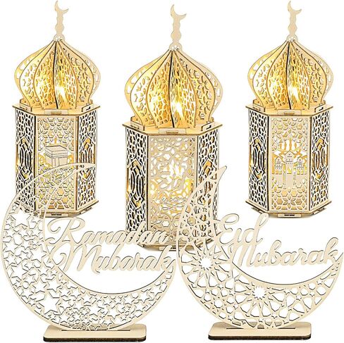 5 Pieces EID Decorations Ramadan Kareem Tabletop Ornaments LED Ramadan Lanterns 3D Handmade Wooden Moon Star Ramadan Eid Mubarak Ornaments for Home Party Supplies, 5 Patterns in Saudi Arabia