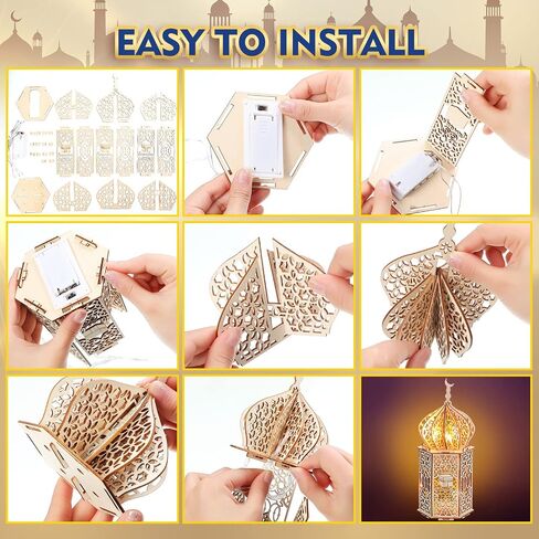 5 Pieces EID Decorations Ramadan Kareem Tabletop Ornaments LED Ramadan Lanterns 3D Handmade Wooden Moon Star Ramadan Eid Mubarak Ornaments for Home Party Supplies, 5 Patterns in Saudi Arabia