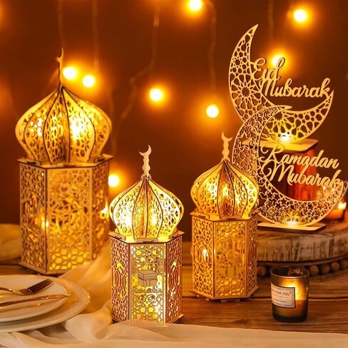 5 Pieces EID Decorations Ramadan Kareem Tabletop Ornaments LED Ramadan Lanterns 3D Handmade Wooden Moon Star Ramadan Eid Mubarak Ornaments for Home Party Supplies, 5 Patterns in Saudi Arabia
