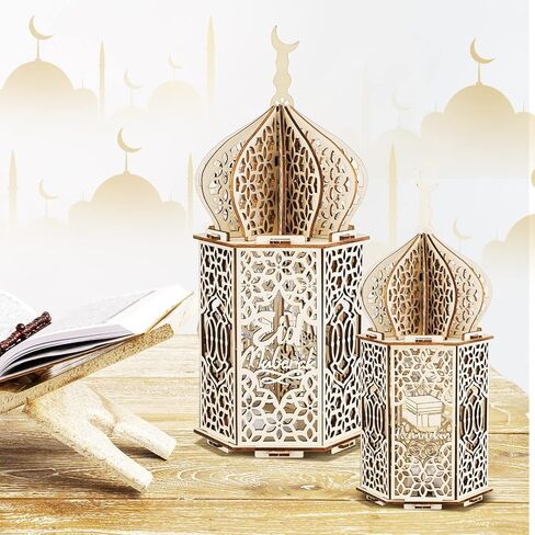 5 Pieces EID Decorations Ramadan Kareem Tabletop Ornaments LED Ramadan Lanterns 3D Handmade Wooden Moon Star Ramadan Eid Mubarak Ornaments for Home Party Supplies, 5 Patterns in Saudi Arabia