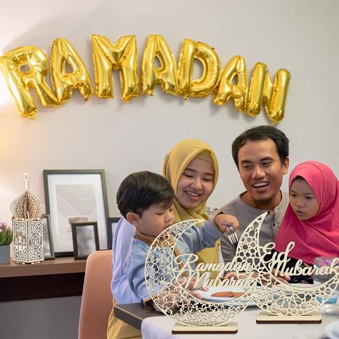5 Pieces EID Decorations Ramadan Kareem Tabletop Ornaments LED Ramadan Lanterns 3D Handmade Wooden Moon Star Ramadan Eid Mubarak Ornaments for Home Party Supplies, 5 Patterns in Saudi Arabia