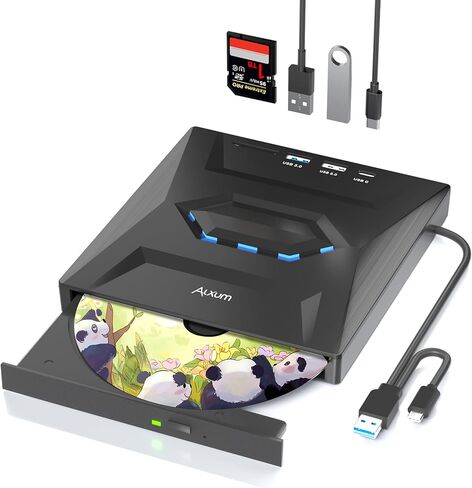 محرك أقراص CD/DVD خارجي للكمبيوتر المحمول - محرك أقراص USB 5 في 1 مع فتحة بطاقة SD/TF USB 3.0 نوع A/Type C مشغل DVD خارجي محمول لأجهزة الكمبيوتر المحمول Mac OS Vista Windows 11/10/8.1/8/7 Linux in Kuwait