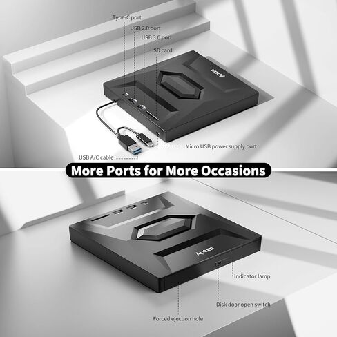 محرك أقراص CD/DVD خارجي للكمبيوتر المحمول - محرك أقراص USB 5 في 1 مع فتحة بطاقة SD/TF USB 3.0 نوع A/Type C مشغل DVD خارجي محمول لأجهزة الكمبيوتر المحمول Mac OS Vista Windows 11/10/8.1/8/7 Linux in Kuwait