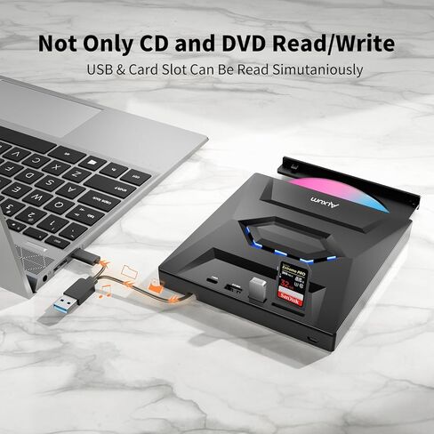 محرك أقراص CD/DVD خارجي للكمبيوتر المحمول - محرك أقراص USB 5 في 1 مع فتحة بطاقة SD/TF USB 3.0 نوع A/Type C مشغل DVD خارجي محمول لأجهزة الكمبيوتر المحمول Mac OS Vista Windows 11/10/8.1/8/7 Linux in Kuwait