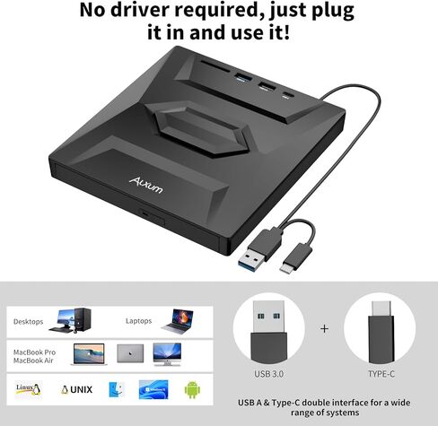 محرك أقراص CD/DVD خارجي للكمبيوتر المحمول - محرك أقراص USB 5 في 1 مع فتحة بطاقة SD/TF USB 3.0 نوع A/Type C مشغل DVD خارجي محمول لأجهزة الكمبيوتر المحمول Mac OS Vista Windows 11/10/8.1/8/7 Linux in Kuwait
