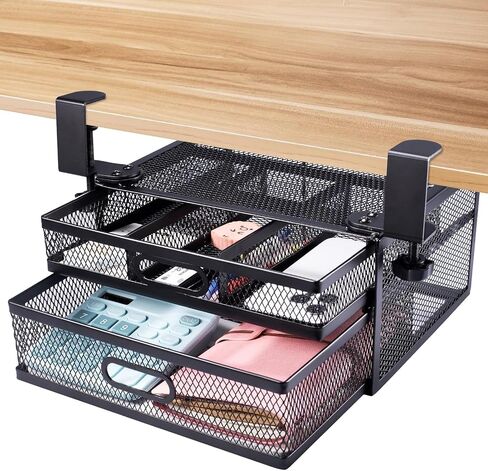 Under Desk Drawer Organizer,No Drill Mesh Metal Desk Drawer Attachment,2 Slide Out Cabinet Drawer,On Desk Or Under Desk Organizer For Office Supplies & Home Essentials in Saudi Arabia