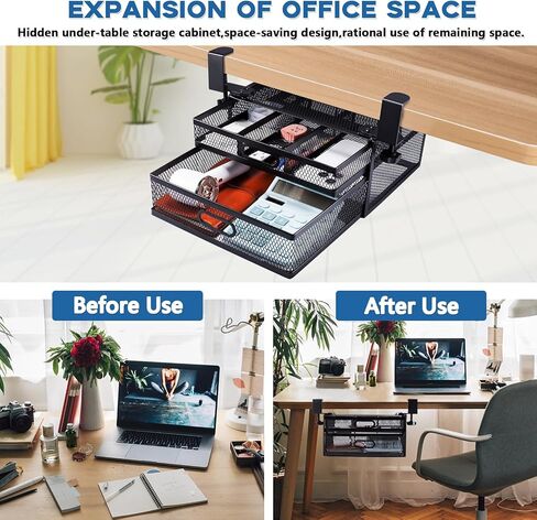 Under Desk Drawer Organizer,No Drill Mesh Metal Desk Drawer Attachment,2 Slide Out Cabinet Drawer,On Desk Or Under Desk Organizer For Office Supplies & Home Essentials in Saudi Arabia