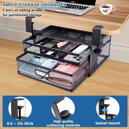 Under Desk Drawer Organizer,No Drill Mesh Metal Desk Drawer Attachment,2 Slide Out Cabinet Drawer,On Desk Or Under Desk Organizer For Office Supplies & Home Essentials in Saudi Arabia