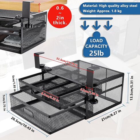 Under Desk Drawer Organizer,No Drill Mesh Metal Desk Drawer Attachment,2 Slide Out Cabinet Drawer,On Desk Or Under Desk Organizer For Office Supplies & Home Essentials in Saudi Arabia