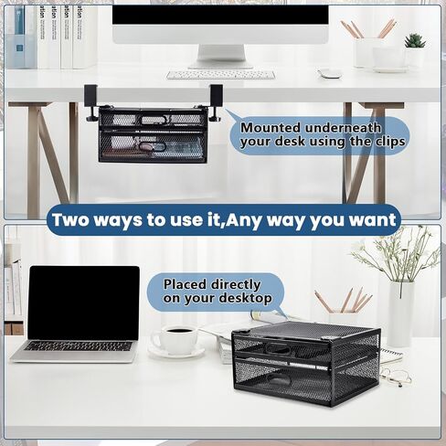 Under Desk Drawer Organizer,No Drill Mesh Metal Desk Drawer Attachment,2 Slide Out Cabinet Drawer,On Desk Or Under Desk Organizer For Office Supplies & Home Essentials in Saudi Arabia