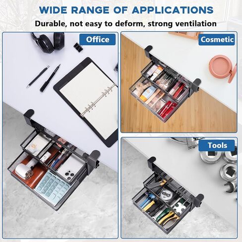 Under Desk Drawer Organizer,No Drill Mesh Metal Desk Drawer Attachment,2 Slide Out Cabinet Drawer,On Desk Or Under Desk Organizer For Office Supplies & Home Essentials in Saudi Arabia