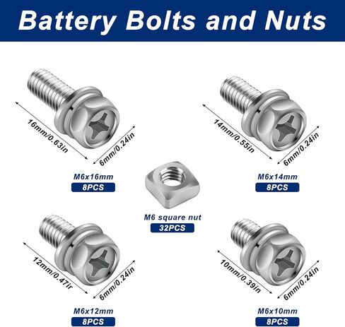 64 قطعة من براغي وصواميل البطارية، M6x10/12/14/16 مم من الفولاذ المقاوم للصدأ لبطارية الدراجة النارية ومجموعة مسامير، برغي بطارية دراجة نارية وصواميل مربعة لبطارية الدراجة ATV طقم صامولة مربعة in Kuwait