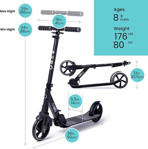 Aero Big Wheels Kick Scooter for Kids 8 Years Old, Teens 12 Years and up, Youth and Adults. Commuter Scooters with Shock Absorption, Lightweight, Foldable and Height Adjustable… in Saudi Arabia