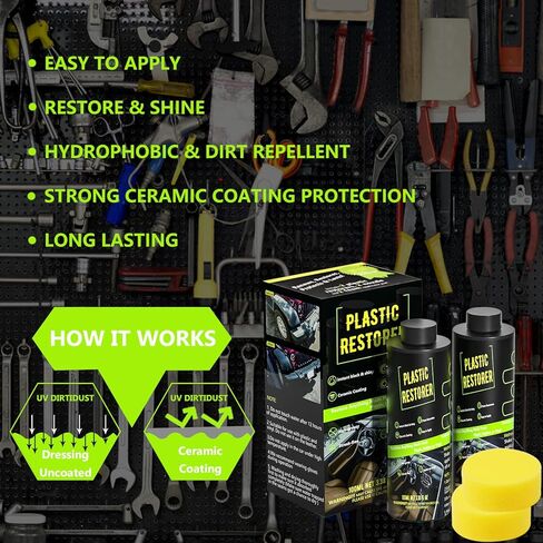 مرمم البلاستيك للسيارات طلاء البلاستيك السيراميكي، يقاوم الماء، والأشعة فوق البنفسجية، والأوساخ، وطلاء السيراميك، ويعيد البلاستيك الباهت والباهت، والمطاط، والفينيل إلى الأسود! يدوم أكثر من 400 غسلة، 100 مل in Kuwait