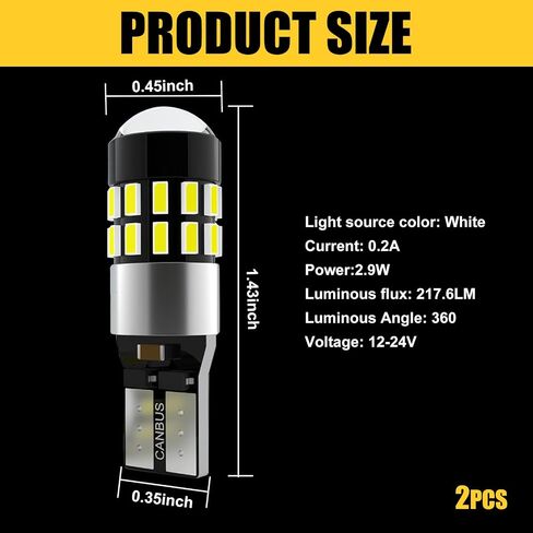 Fluher 2 PCS Car Super Bright LED Bulb, 7000K T10 Non-polarity Backup Reverse Light,3014-30smd 360°Glowing Decoding License Plate Light, Universal Car Lighting (White) in Saudi Arabia
