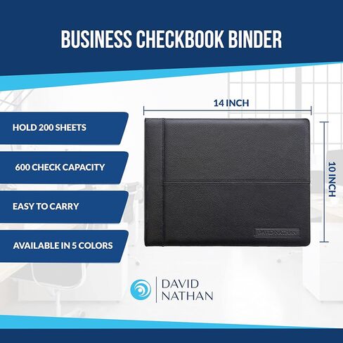 مجلد دفتر شيكات الأعمال الجلدي ذو 7 حلقات بعرض 2 بوصة - 3 في الصفحة - سعة 600 شيك - جيوب للبطاقات ودفاتر الملاحظات - محفظة جلدية - تصميم عالي الجودة من ديفيد ناثان (أسود) in Kuwait