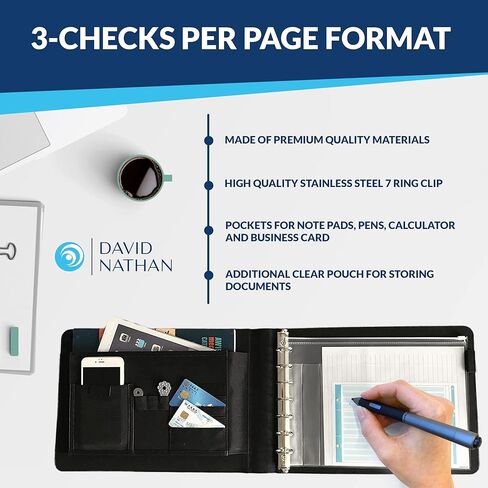 مجلد دفتر شيكات الأعمال الجلدي ذو 7 حلقات بعرض 2 بوصة - 3 في الصفحة - سعة 600 شيك - جيوب للبطاقات ودفاتر الملاحظات - محفظة جلدية - تصميم عالي الجودة من ديفيد ناثان (أسود) in Kuwait