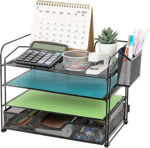 Wood Desk Organizer - 4 Tier Paper Letter Tray Organizer, Metal Paper Organizer for Desk, Desk File Organizer for Office Home School, Black in Saudi Arabia