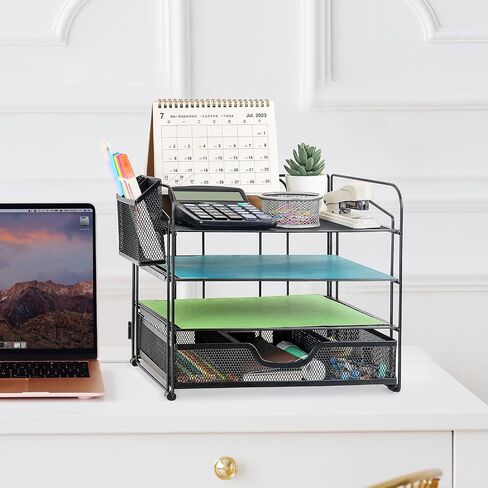 Wood Desk Organizer - 4 Tier Paper Letter Tray Organizer, Metal Paper Organizer for Desk, Desk File Organizer for Office Home School, Black in Saudi Arabia