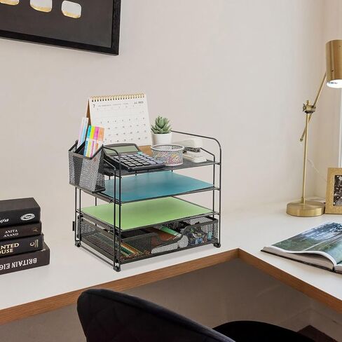 Wood Desk Organizer - 4 Tier Paper Letter Tray Organizer, Metal Paper Organizer for Desk, Desk File Organizer for Office Home School, Black in Saudi Arabia