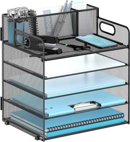 منظم صينية رسائل ورقية مكون من 5 طبقات مع حامل أقلام، وإكسسوارات مكتبية شبكية ومنظمات لمساحة العمل بمقبض، ومستلزمات مكتبية لفرز الملفات للمكتب، أسود in Kuwait