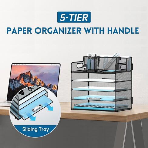 منظم صينية رسائل ورقية مكون من 5 طبقات مع حامل أقلام، وإكسسوارات مكتبية شبكية ومنظمات لمساحة العمل بمقبض، ومستلزمات مكتبية لفرز الملفات للمكتب، أسود in Kuwait