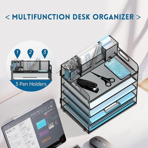 منظم صينية رسائل ورقية مكون من 5 طبقات مع حامل أقلام، وإكسسوارات مكتبية شبكية ومنظمات لمساحة العمل بمقبض، ومستلزمات مكتبية لفرز الملفات للمكتب، أسود in Kuwait