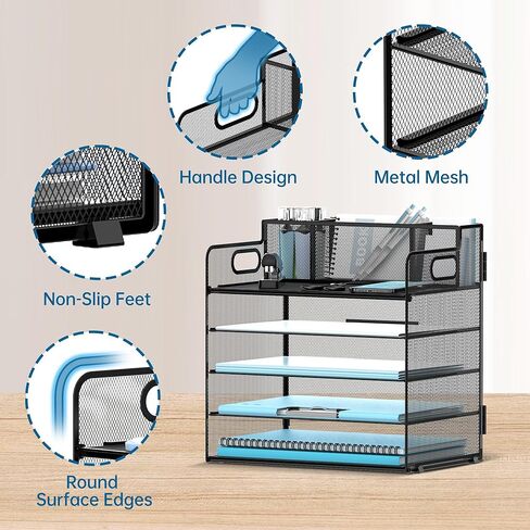 منظم صينية رسائل ورقية مكون من 5 طبقات مع حامل أقلام، وإكسسوارات مكتبية شبكية ومنظمات لمساحة العمل بمقبض، ومستلزمات مكتبية لفرز الملفات للمكتب، أسود in Kuwait