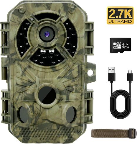 كاميرا XJwecavi Trail مع رؤية ليلية نشطة مقاومة للماء IP66 32MP 2.7K HD بدون توهج بالأشعة تحت الحمراء LED 2.0 بوصة LCD لمراقبة الحياة البرية في الهواء الطلق، كاميرات ألعاب كاميرا الصيد مع بطاقة مايكرو 32 جيجا مجانًا in Saudi Arabia