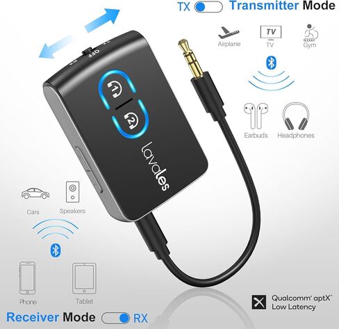 Bluetooth 5.3 Transmitter Receiver for TV Airplane to Wireless Headphones, Dual Link AptX Adaptive/LowLatency/HD Audio, 2-in-1 Bluetooth AUX Adapter for Home Stereo, Boat, Gym, MP3 in Kuwait