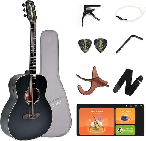Smart Acoustic Electric Guitar with Lights, Smart Tuner, Music Recognition, Online Lesson, 36'' Travel Acustica Guitarra Guitar Starter Kit of Stand, Gig Bag, Strap, Strings (T2 Black) in Saudi Arabia