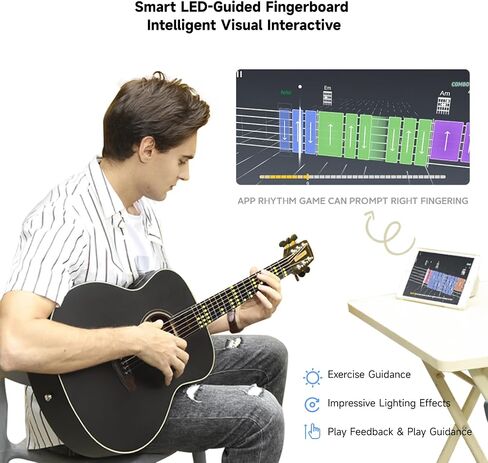 Smart Acoustic Electric Guitar with Lights, Smart Tuner, Music Recognition, Online Lesson, 36'' Travel Acustica Guitarra Guitar Starter Kit of Stand, Gig Bag, Strap, Strings (T2 Black) in Saudi Arabia