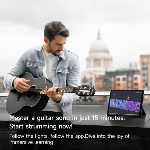 Smart Acoustic Electric Guitar with Lights, Smart Tuner, Music Recognition, Online Lesson, 36'' Travel Acustica Guitarra Guitar Starter Kit of Stand, Gig Bag, Strap, Strings (T2 Black) in Saudi Arabia
