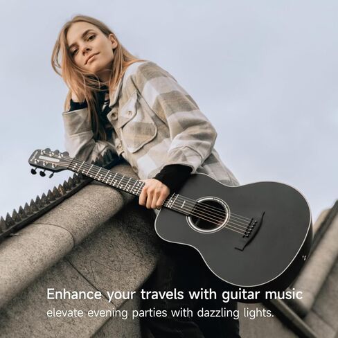 Smart Acoustic Electric Guitar with Lights, Smart Tuner, Music Recognition, Online Lesson, 36'' Travel Acustica Guitarra Guitar Starter Kit of Stand, Gig Bag, Strap, Strings (T2 Black) in Saudi Arabia