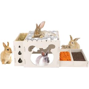 Large Rabbit Hideout Bunny Castle, Wooden Bunny House & Rabbit Hay Feeder, Detachable Rabbit Hideaway, Indoor Rabbit Castle with Ramp, Small Animal Houses & Habitats