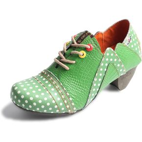 TMA EYES Women's Retro Polka Dot Leather Booties Low Heel Lace Up Women's Ankle Boots