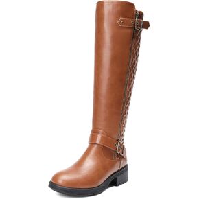 DREAM PAIRS Women's Knee High Boots Low Block Heel Riding Boots Round Toe Side Zipper Biker Motorcycle Buckle Boots