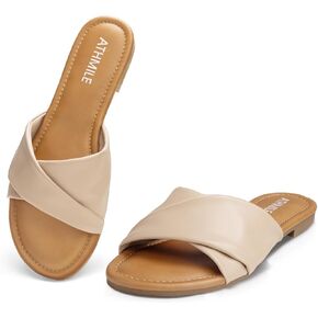 ATHMILE Sandals Women Dressy Summer Flat Comfortable Fashion Beach Cute Ladies Slides Leather Casual Dress Women's Sandals 2024 Size 6-11