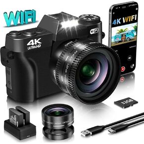 VJIANGER 4K Vlogging Camera for YouTube 56MP Digital Camera for Photography and Video with 180°Flip Screen, 16X Digital Zoom, 52mm Wide Angle & Macro Lens, 32GB Micro SD Card, 2 Batteries(Black)