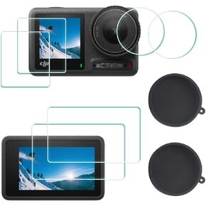 Screen Protector for DJI OSMO Action 4 Camera + Silicone Lens cap Cover, 0.3mm 9H Hardness Tempered Glass Protector, Anti-Scrach Anti-Fingerprint Anti-Bubble [2+6 Pieces]