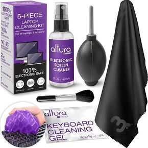 Professional Laptop Cleaning Kit Computer Screen & Keyboard Cleaner 5 Piece Electronic Cleaner with Laptop Screen Spray, Air Blower, Brush, Keyboard Gel, & Microfiber Cloth