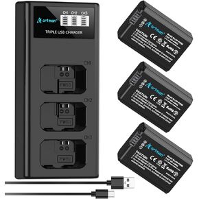 Artman 3-Pack NP-FW50 Battery and Upgraded 3-Slot LCD Charger Compatible with Sony ZV-E10, Alpha A6000 A6300 A6400 A6500 A5000 A5100 A7 A7II A7R A7RII A7S A7SII RX10 II III Camera