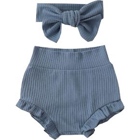 Newborn Infant Baby Girls Ruffle Bloomer Shorts Elastic High Waist Bloomers PP Pants with Headband Set