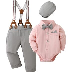 YALLET Baby Boy Clothes Set Infant Tuxedo Long Sleeve Gentleman Suit Outfits + Beret Hat + Suspender Pants + Bowtie 0-18M