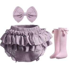 Newborn Infant Baby Girl Cotton Bloomers and Bows Toddlers Ruffle Shorts Diaper Covers Headband Set