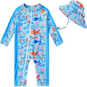 Funnycokid Infant Baby Boy Swimsuit Zip Newborn One Piece Bathing Suits Rash Guard Sun Protection Swimwear with Hat