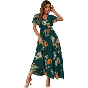 Simplee Women's Boho Floral Maxi Dress Flowy Casual V Neck Short Sleeve Wedding Guest Holiday Beach Long Dress in Kuwait